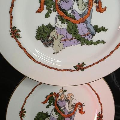 Vintage Fitz & Floyd “Deck the Halls” Christmas Plates (2) – 1983 Japan – Gold Trim – Victorian Couple & Puppy Holiday Scene