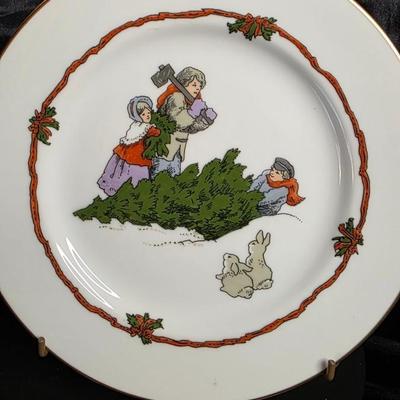 Fitz & Floyd “Deck the Halls” — Set of 2 Salad Plates, Tree Hunt & Winter Rabbits (c. 1982, Japan)