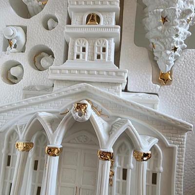 Porcelain Illuminated “Christmas Church & Caroler” 8-Piece Lighted Holiday Village Set – White & Gold Accents