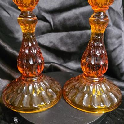 Vintage Amber Glass Candlestick Duo – Warm Honey Glow, Tulip Rim Elegance