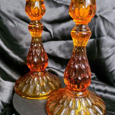 Vintage Amber Glass Candlestick Duo – Warm Honey Glow, Tulip Rim Elegance