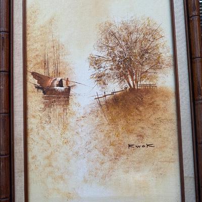 Sale Photo Thumbnail #79: The painting is an oil on canvas landscape depicting a tranquil, autumnal scene with a boat and a tree by David Kwok.