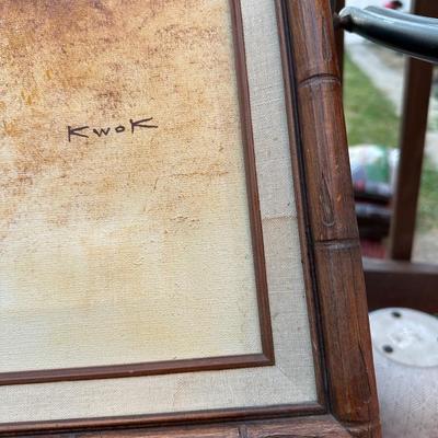 Sale Photo Thumbnail #80: The painting is an oil on canvas landscape depicting a tranquil, autumnal scene with a boat and a tree by David Kwok.