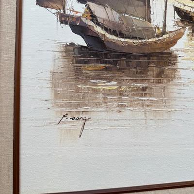 Sale Photo Thumbnail #97: The painting depicts traditional Chinese vessels known as "junk" boats in a seascape.