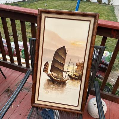 Sale Photo Thumbnail #99: The painting depicts traditional Chinese vessels known as "junk" boats in a seascape.