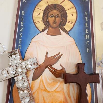Sale Photo Thumbnail #142: This unique lot is chocked full of Religious Items.  Filled with icons, booklets, pamphlets, medals, scapulars, holy water containers, a plethora of crosses, many holy cards, prayer cards and themed bookmarks. Plus a nice set of praying hands carved from 
