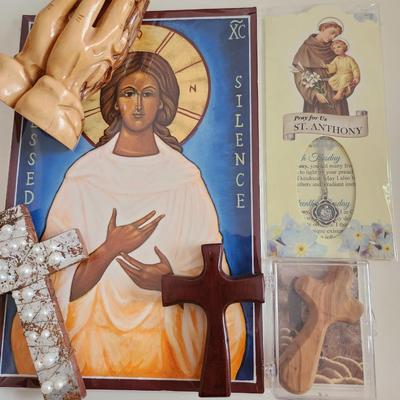 Sale Photo Thumbnail #139: This unique lot is chocked full of Religious Items.  Filled with icons, booklets, pamphlets, medals, scapulars, holy water containers, a plethora of crosses, many holy cards, prayer cards and themed bookmarks. Plus a nice set of praying hands carved from 