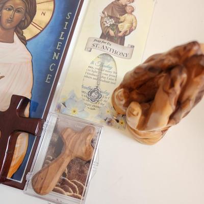 Sale Photo Thumbnail #141: This unique lot is chocked full of Religious Items.  Filled with icons, booklets, pamphlets, medals, scapulars, holy water containers, a plethora of crosses, many holy cards, prayer cards and themed bookmarks. Plus a nice set of praying hands carved from 
