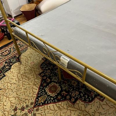Sale Photo Thumbnail #107: This Queen size French Country Style Four Poster Metal Canopy Bed in Gold Finish showcases four posters for a stately, French country look in your bedroom. The clean-lined frame is crafted from stainless steel in a neutral finish, and it rests on round, 6