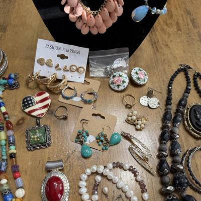 Sale Photo Thumbnail #25: Blue and Peach Necklaces, Pins, Earrings