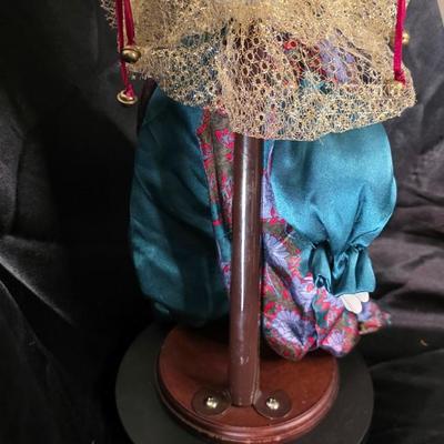 Vintage Gold Deer & Co. Ltd. Porcelain Display Doll – Teal & Crimson Ensemble with Golden Headdress