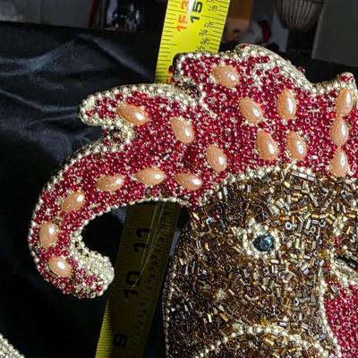 Vintage Hand-Beaded Rooster Figurine - 15" Tall Gold & Red Beaded Chicken Sculpture