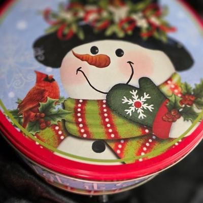 Vintage Snowman & Cardinal Christmas Tin - Let It Snow Holiday Cookie Canister
