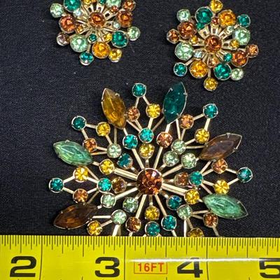 Large Amber & green Rhinestone brooch & earrings
