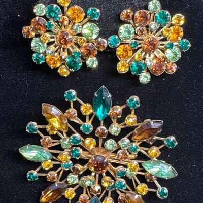 Large Amber & green Rhinestone brooch & earrings