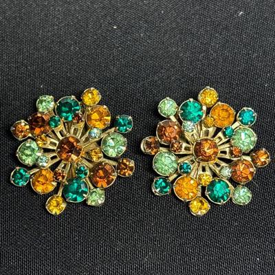 Large Amber & green Rhinestone brooch & earrings