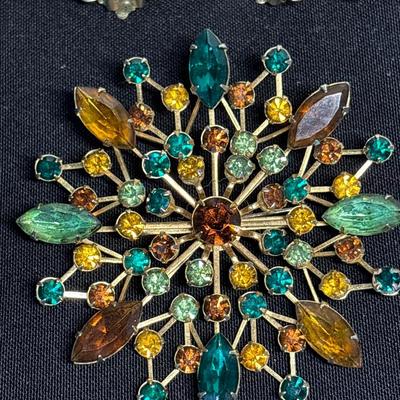 Large Amber & green Rhinestone brooch & earrings