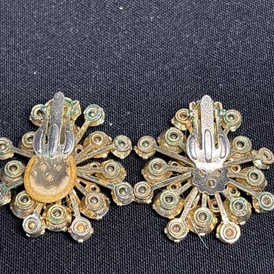 Large Amber & green Rhinestone brooch & earrings