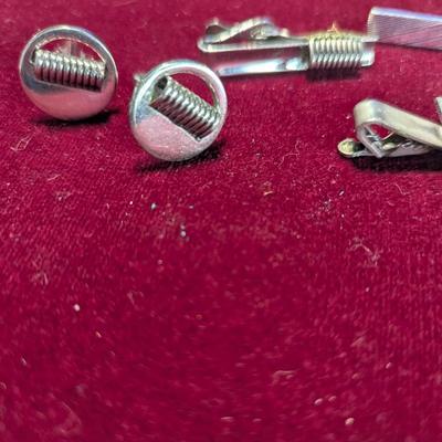 Vintage Tie Clasp & Matching Cuff Links The Post Clip Is Sterling 6 grams #16