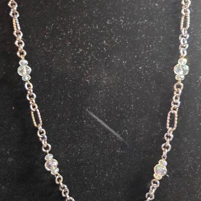 Vintage Aurora Borealis Crystal Station Necklace - Silver Tone Chain with AB Rhinestone Accents