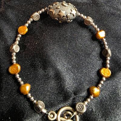 Vintage Silver Color Golden Pearl & Floral Bead Toggle Bracelet - Textured Crescent Moon Accent