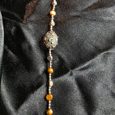 Vintage Silver Color Golden Pearl & Floral Bead Toggle Bracelet - Textured Crescent Moon Accent