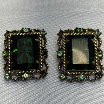 Large emerald-green clip-on earrings