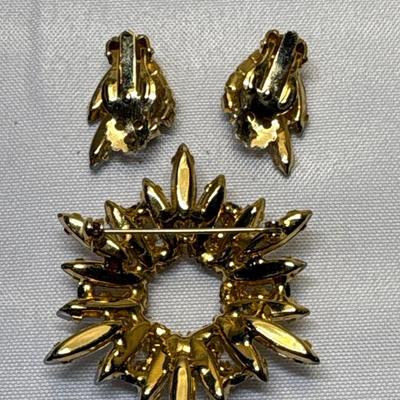 Milk glass Rhinestone Brooch & Earrings