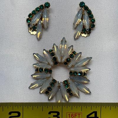 Milk glass Rhinestone Brooch & Earrings