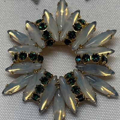 Milk glass Rhinestone Brooch & Earrings