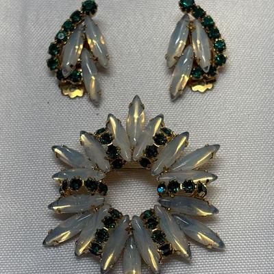 Milk glass Rhinestone Brooch & Earrings
