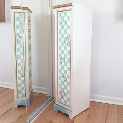 LOT 7: Small Chest of Drawers with Basket, Framed Art, Pottery Vase & More