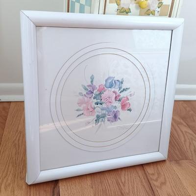 LOT 7: Small Chest of Drawers with Basket, Framed Art, Pottery Vase & More