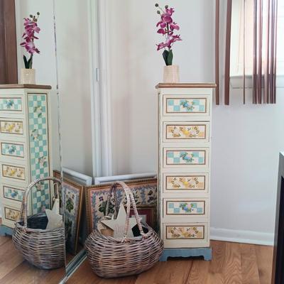 LOT 7: Small Chest of Drawers with Basket, Framed Art, Pottery Vase & More