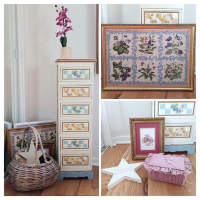 LOT 7: Small Chest of Drawers with Basket, Framed Art, Pottery Vase & More