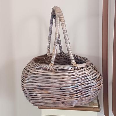 LOT 7: Small Chest of Drawers with Basket, Framed Art, Pottery Vase & More