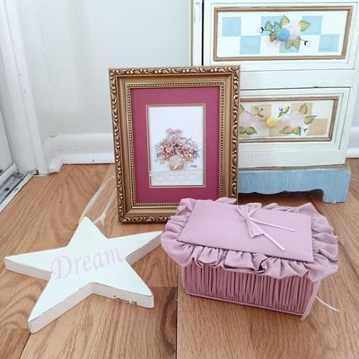 LOT 7: Small Chest of Drawers with Basket, Framed Art, Pottery Vase & More