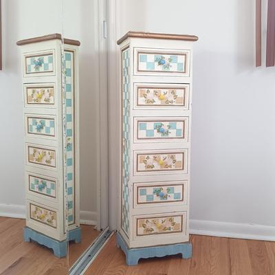 LOT 7: Small Chest of Drawers with Basket, Framed Art, Pottery Vase & More