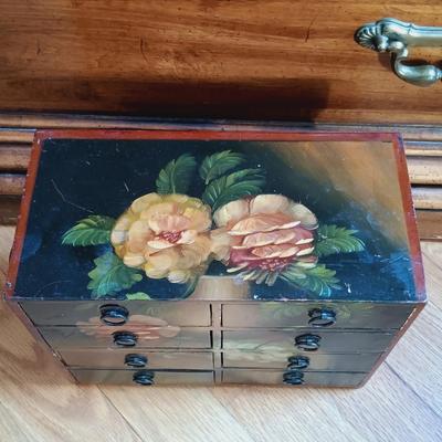 LOT 24: Solid Wood Apothecary Cabinet with Hand Painted Jewelry Chest & Basket