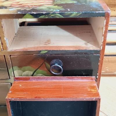LOT 24: Solid Wood Apothecary Cabinet with Hand Painted Jewelry Chest & Basket