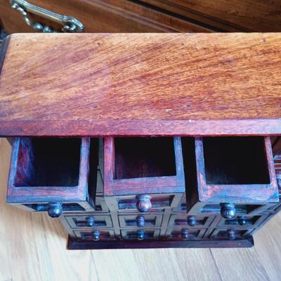LOT 24: Solid Wood Apothecary Cabinet with Hand Painted Jewelry Chest & Basket