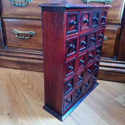 LOT 24: Solid Wood Apothecary Cabinet with Hand Painted Jewelry Chest & Basket