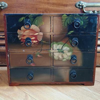 LOT 24: Solid Wood Apothecary Cabinet with Hand Painted Jewelry Chest & Basket