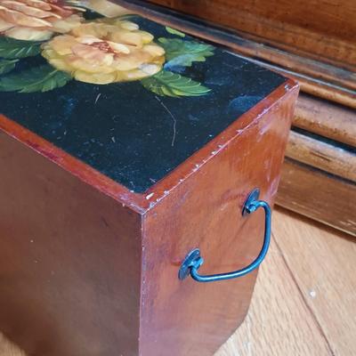 LOT 24: Solid Wood Apothecary Cabinet with Hand Painted Jewelry Chest & Basket