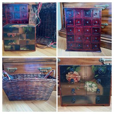 LOT 24: Solid Wood Apothecary Cabinet with Hand Painted Jewelry Chest & Basket