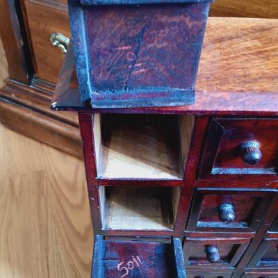 LOT 24: Solid Wood Apothecary Cabinet with Hand Painted Jewelry Chest & Basket