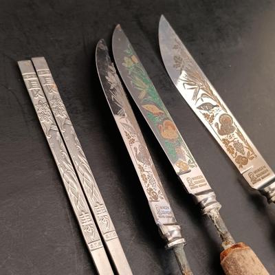 LOT 26: Handmade Bamboo Trays, Wingen Solingen Collectible Turkey Knives, Ceramic Studio Figurine & More