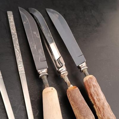 LOT 26: Handmade Bamboo Trays, Wingen Solingen Collectible Turkey Knives, Ceramic Studio Figurine & More