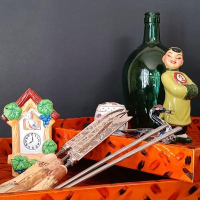 LOT 26: Handmade Bamboo Trays, Wingen Solingen Collectible Turkey Knives, Ceramic Studio Figurine & More