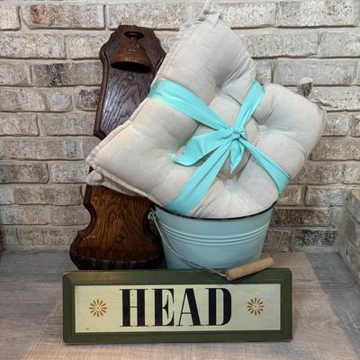 LOT 43: Home Decor: Enamel Pail, "Head" Sign, Wood & Metal Wall Sconce & NIP Martha Stewart Chair Pads